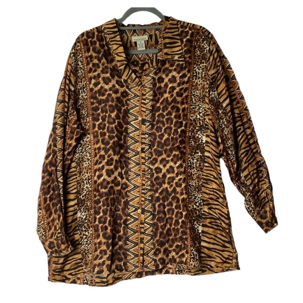 Vtg‎ The Avenue 100% Silk Animal Print Blouse Women Size 14 / 16 Button Front